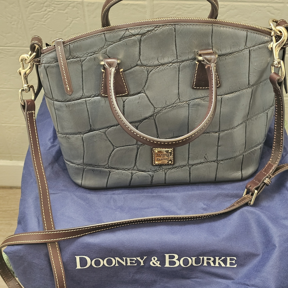Dooney & Bourke Large Steel Blue Croc-Embossed Leather Satchel